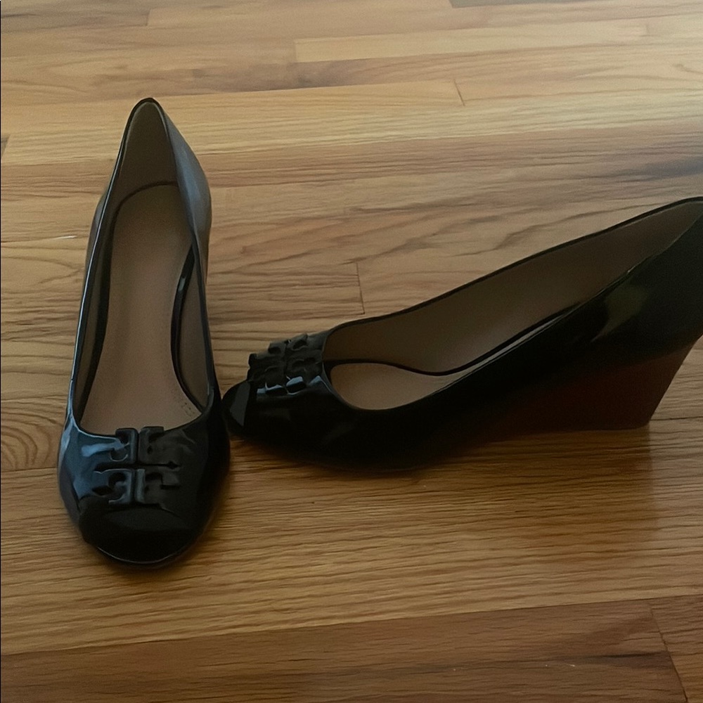Tory Burch Black Wedge Shoes with Decorative Embellishment